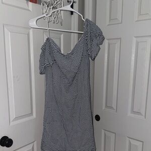 bebe Navy and White Striped Off-Shoulder Dress